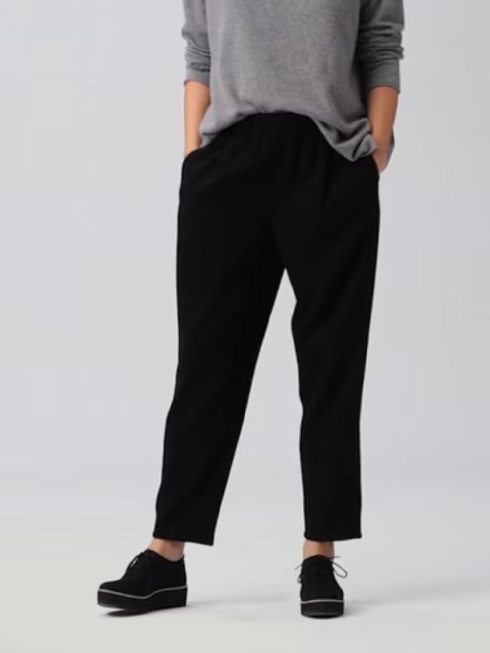 Eileen Fisher wool Flannel pants trousers black pleated ankle wide leg new Large